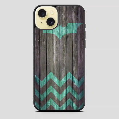 Bat And Chevron On Dark Wood iPhone 15 Plus Case