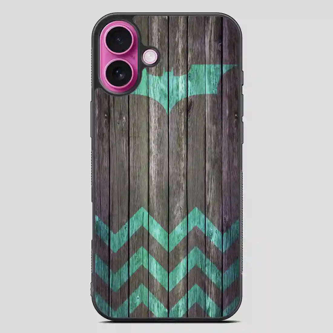 Bat And Chevron On Dark Wood iPhone 16 Plus Case