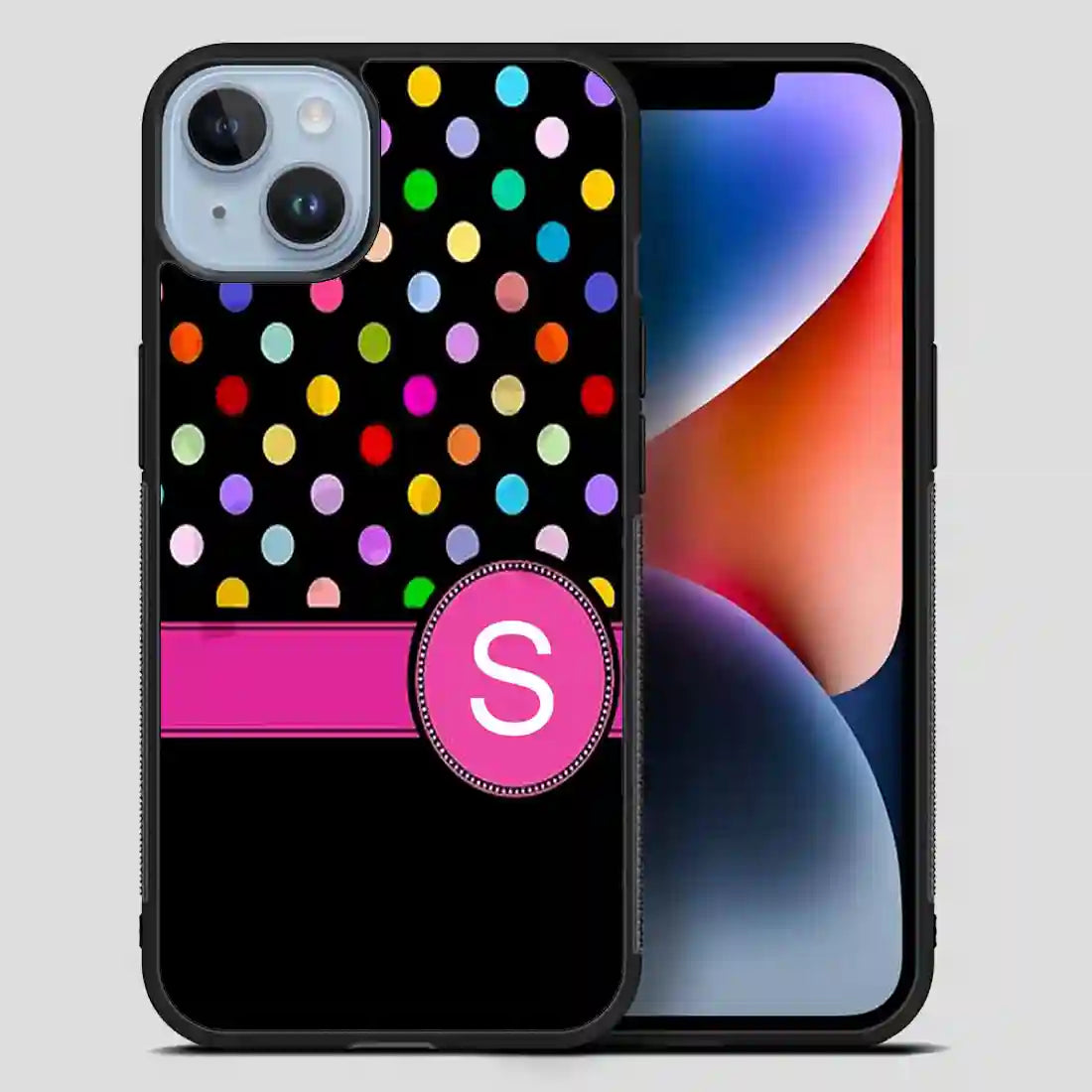 Pink Letter S Monogram Rainbow Polka Dot iPhone 14 Plus Case